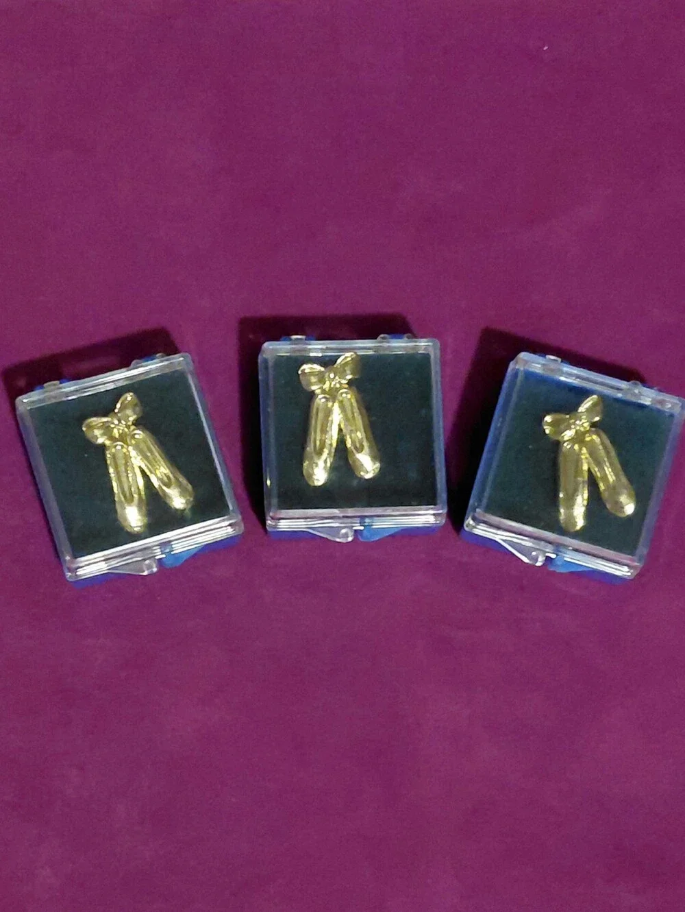 3 Vintage Ballet Slippers NWOT Chenille Pins Gold Tone Individual Cases Set Of 3